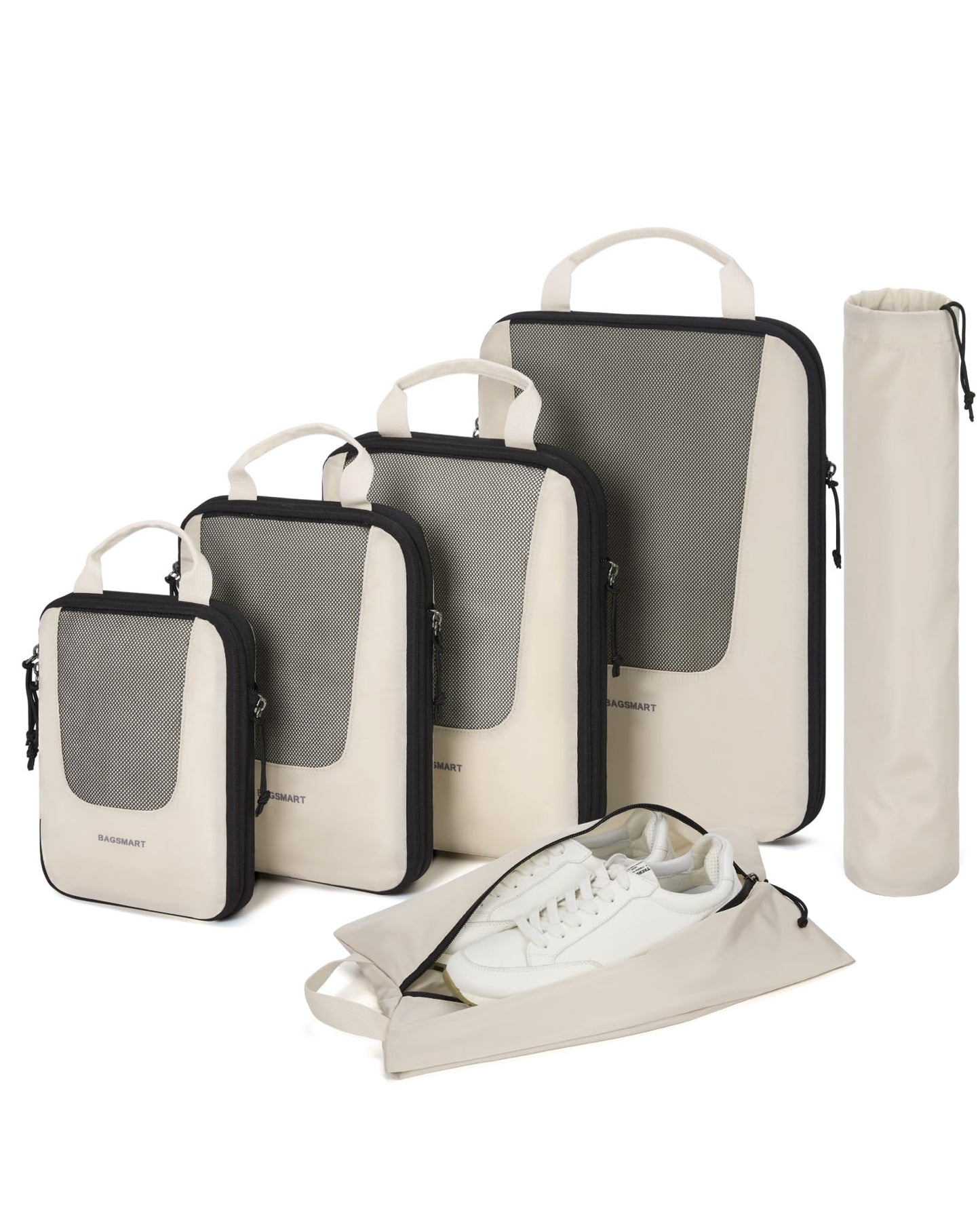 BAGSMART Compression Packing Cubes for Travel, 6 Set Packing Cubes for Suitcases, Lightweight Luggage Organizer Set Cubes for Business Essentials, Beige