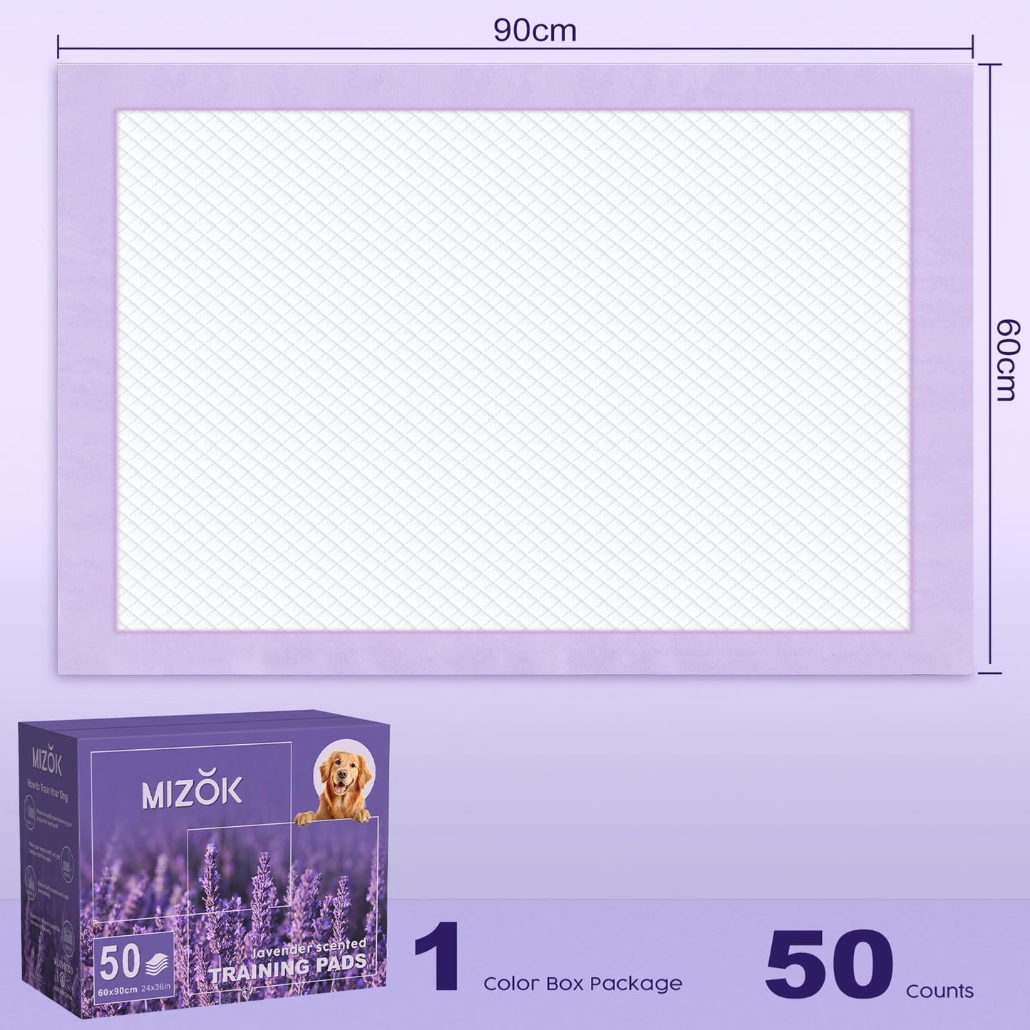 MIZOK Puppy Pads 60x90cm Puppy Traininig Pads Lavender Scented Odor Control Dog Pads Extra Large Super Absorption for Up to 6 Cups Leak-Proof Dog Training Pads with 6 Layers (50 Counts)
