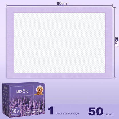 MIZOK Puppy Pads 60x90cm Puppy Traininig Pads Lavender Scented Odor Control Dog Pads Extra Large Super Absorption for Up to 6 Cups Leak-Proof Dog Training Pads with 6 Layers (50 Counts)