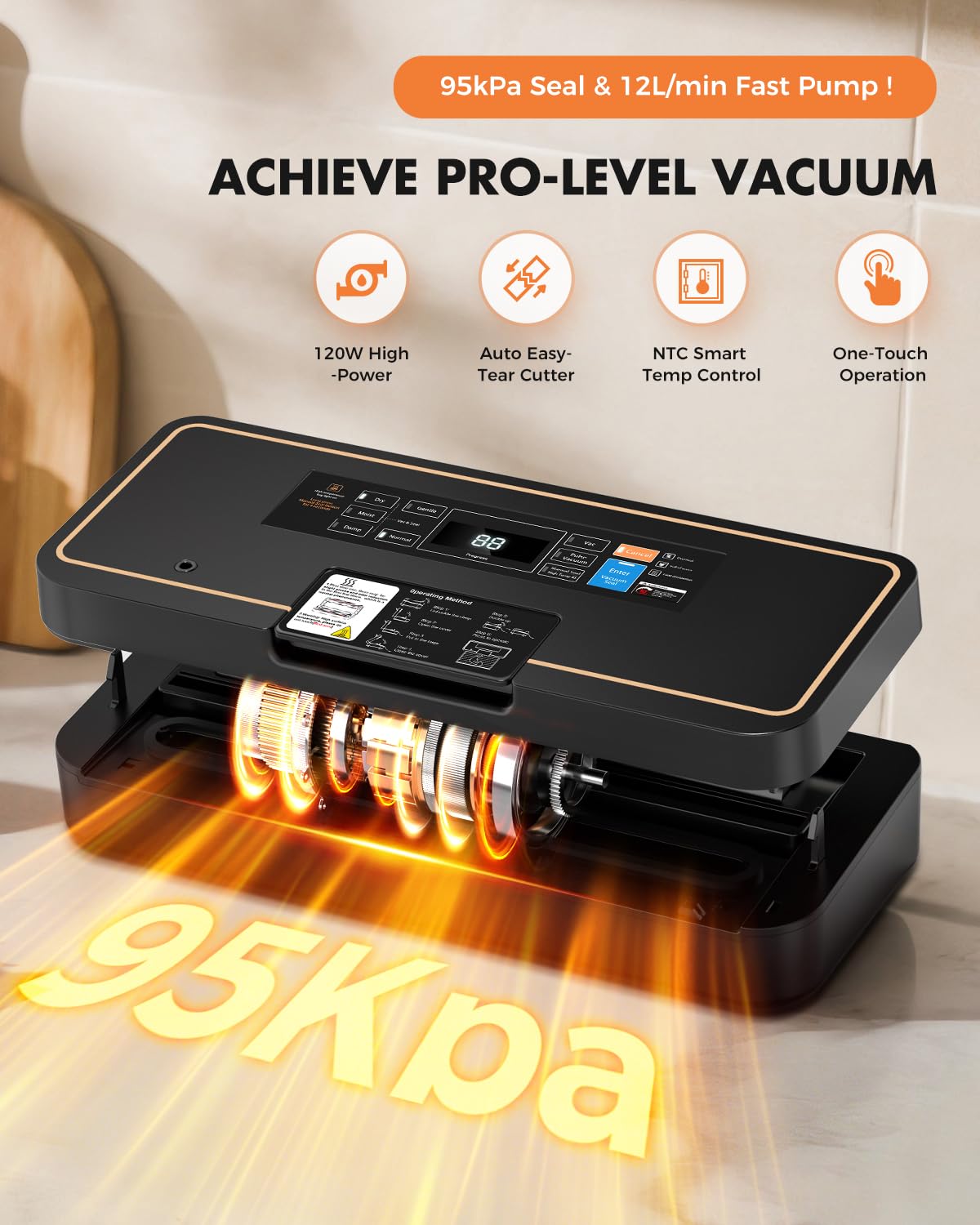 UPRUBE Vacuum Sealer for Food, 95kPa Food Saver Vacuum Sealer Machine, 135W Fast-Sealing by Built-in Bag Storage, Easy Tear Cutter, 9-in-1 Compact Food Vacuum Sealer Machine with 10 ft Bag Roll
