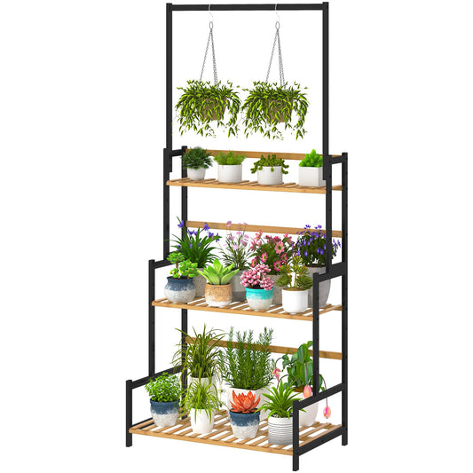 Ufine Bamboo Hanging Plant Stand 3 Tier Ladder Shelf with Hanging Rod Height Adjustable Flower Pot Display Organizer for Balcony Porch Living Room