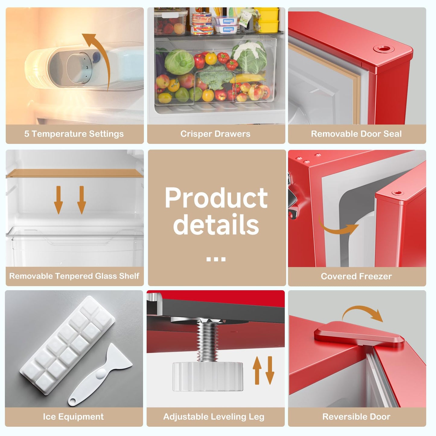 BANGSON Mini Fridge with Freezer, 3.2 CU.FT Small Refrigerator with Freezer, Door Handle, Bottle Opener, For Bedroom, Dorm, Office, Home, Garage or RV, R-600a (Red)