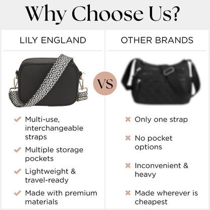 Lily England Cross Body Bag Women - Multiple Pockets - Adjustable Wide Strap and Chain - Black Handbag Crossbody - Over the Shoulder Bag
