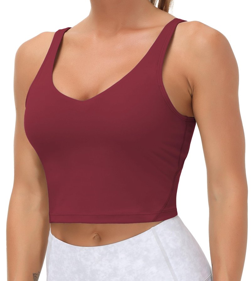 Women’s Longline Sports Bra Wirefree Padded Medium Support Yoga Bras Gym Running Workout Tank Tops Wine Red
