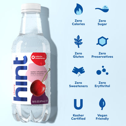Hint Fruit-Infused Bottled Water, Cherry - Sugar Free Flavored Water with Zero Calories, Naturally Flavored, and No Artificial Sweeteners - 16 Fl Oz (Pack of 12)
