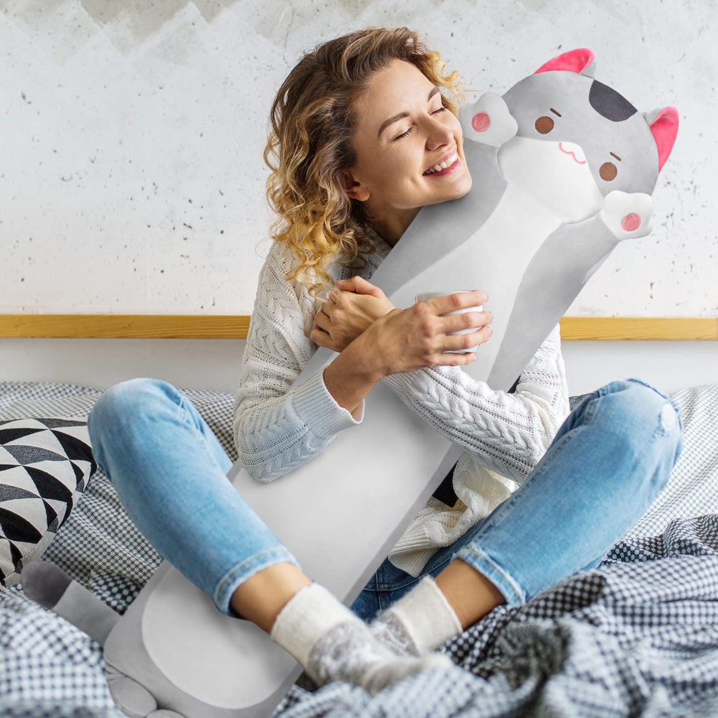 Mewaii 20in Long Cat Plush Pillows Stuffed Animals Squishy Pillows - Cute Plushie Kitten Sleeping Hugging Pillow Toys for Kids(Gray)