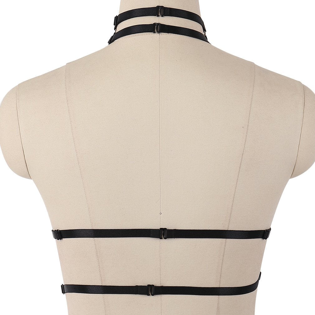 Body Harness for Women Bra Goth Stretchy Fabric Halloween Plus Size Punk Chest Strap Belt Festival Rave Lingerie cage (Black)