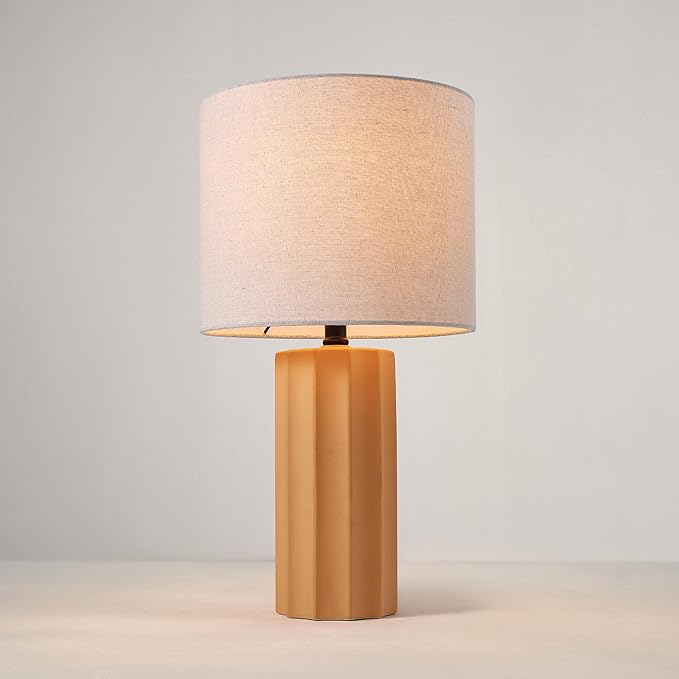 GLOBE Electric 61000062 20" Ribbed Ceramic Table Lamp, Matte Terracotta Finish, White Linen Shade, On/Off Rotary Switch on Socket, for Living Room, Bedroom, Office, Home Décor
