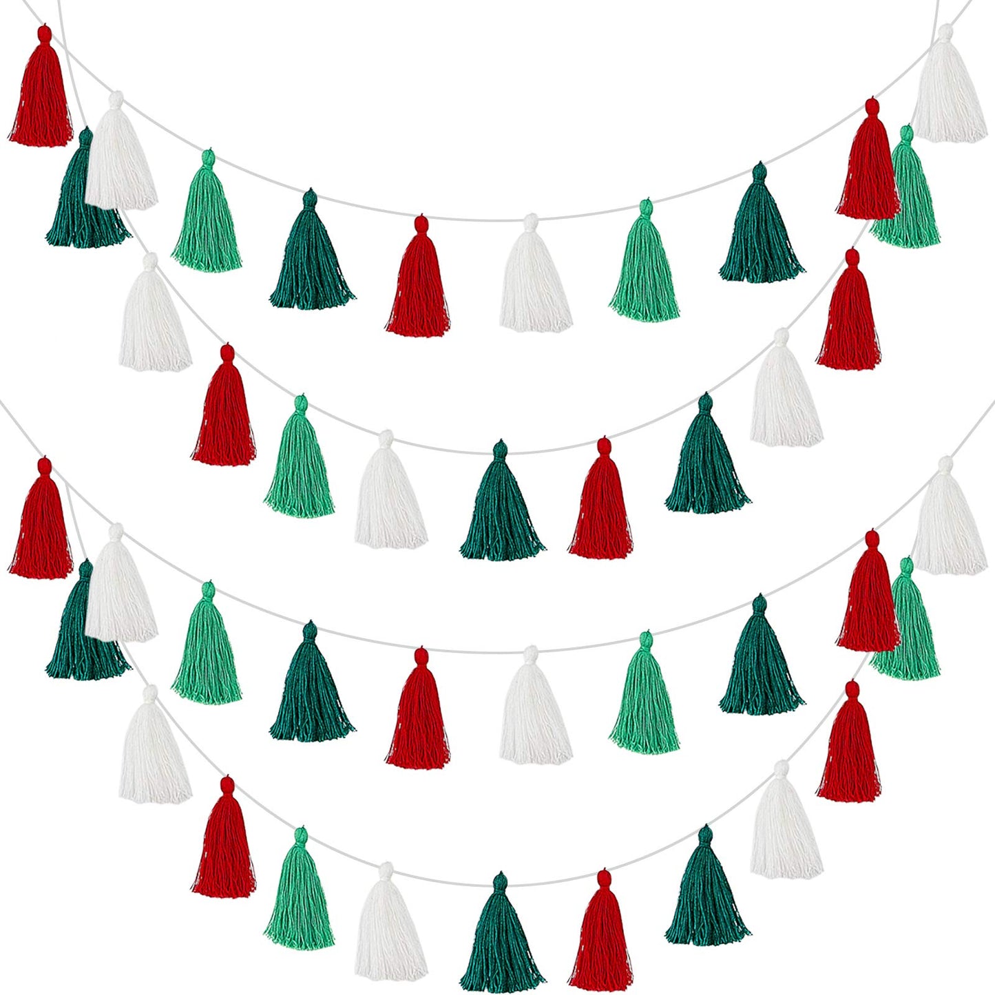 WILLBOND 4 Pieces Christmas Tassel Garland for Classroom Wall Decor Boho Pastel Garland Cotton Tassel Banners for Christmas Party School(3.1 Inch,Red, White, Light Green, Dark Green)