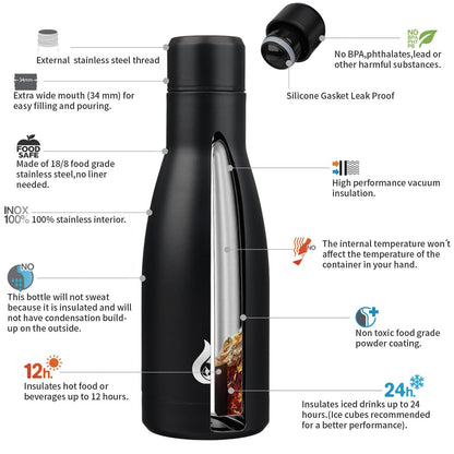 BJPKPK Insulated Water Bottle 12oz Small Stainless Steel Water Bottles Reusable Metal Thermal Keep Cold and Hot,Midnight Black