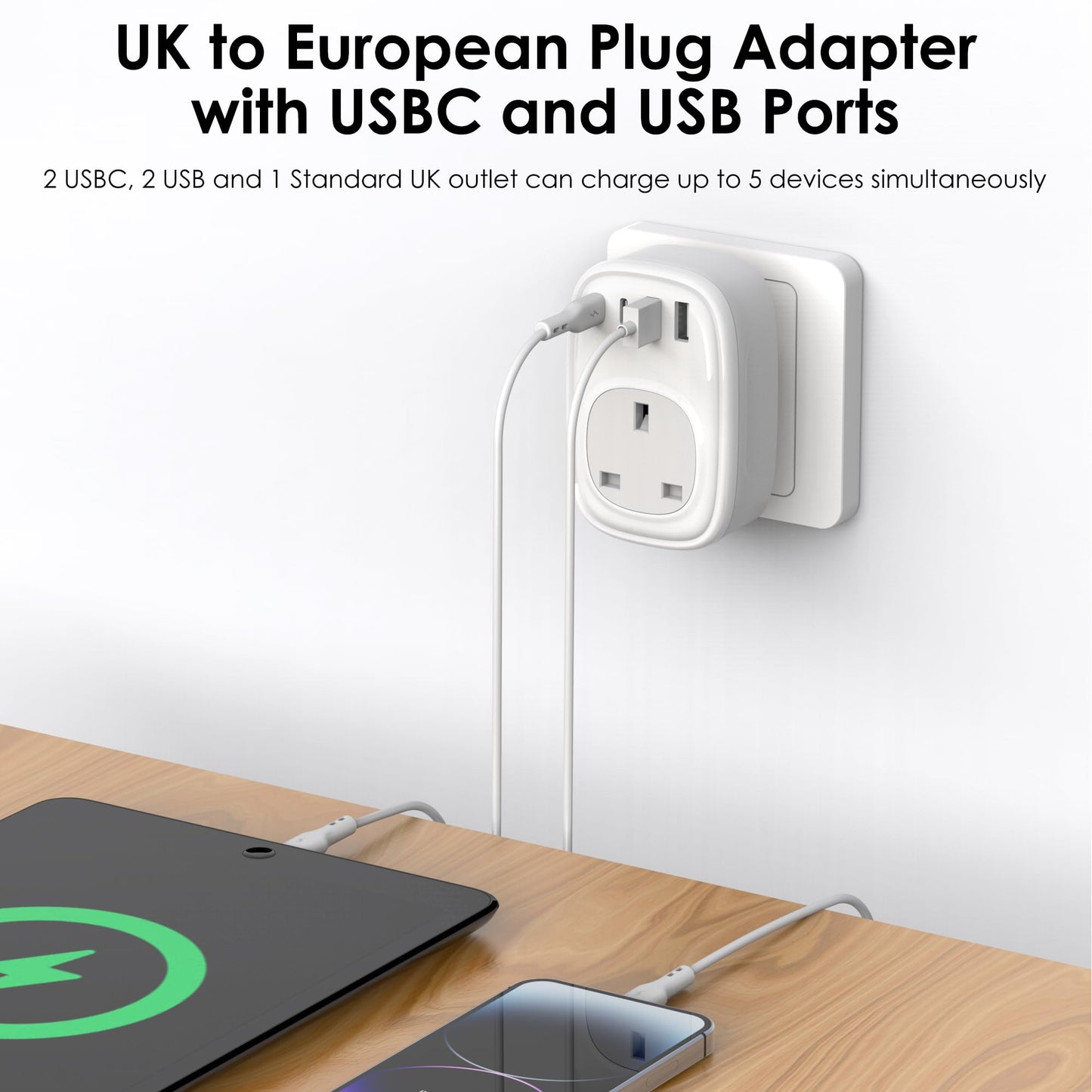 UK to European Plug Adapter - UK to EU Euro Europe Schuko 40W USB C Fast Travel Plug Adaptor Grounded USBC Type C Charger for Spain Turkey France Germany Iceland Poland Greece Russia (Type E/F)Tusreda