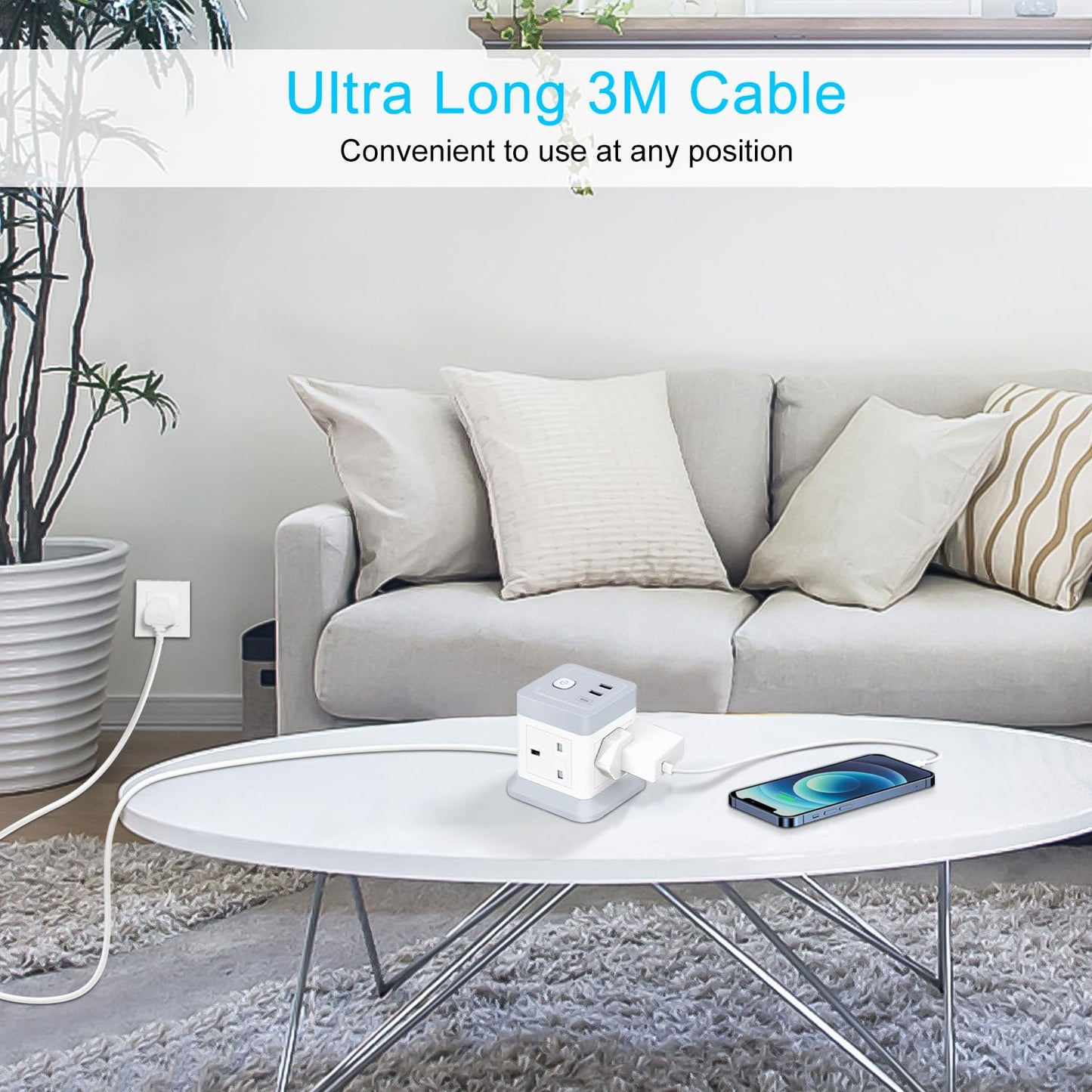 3M Extension Lead Cube With USB, BEVA 4 Gang Extension Socket With 3 USB Ports, Power Strip With Switch Multi Plug Extension with 3 Metre Long Cable For Home Office Travel