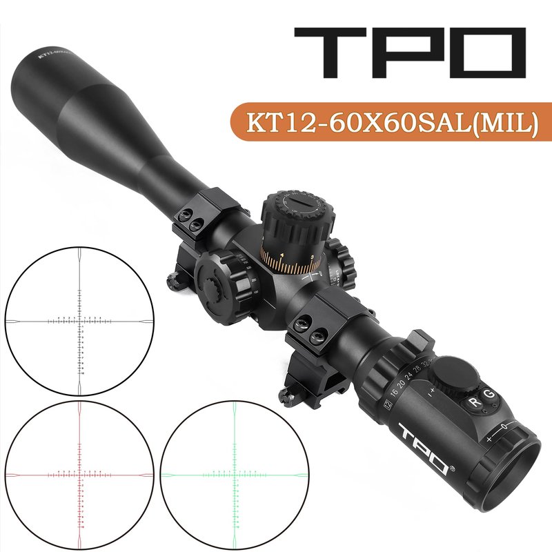 KT12-60X60SAL Long Range Rifle Scope 35mm Tube Side Parallax Adjustment with Scope Rings (MIL Reticle)