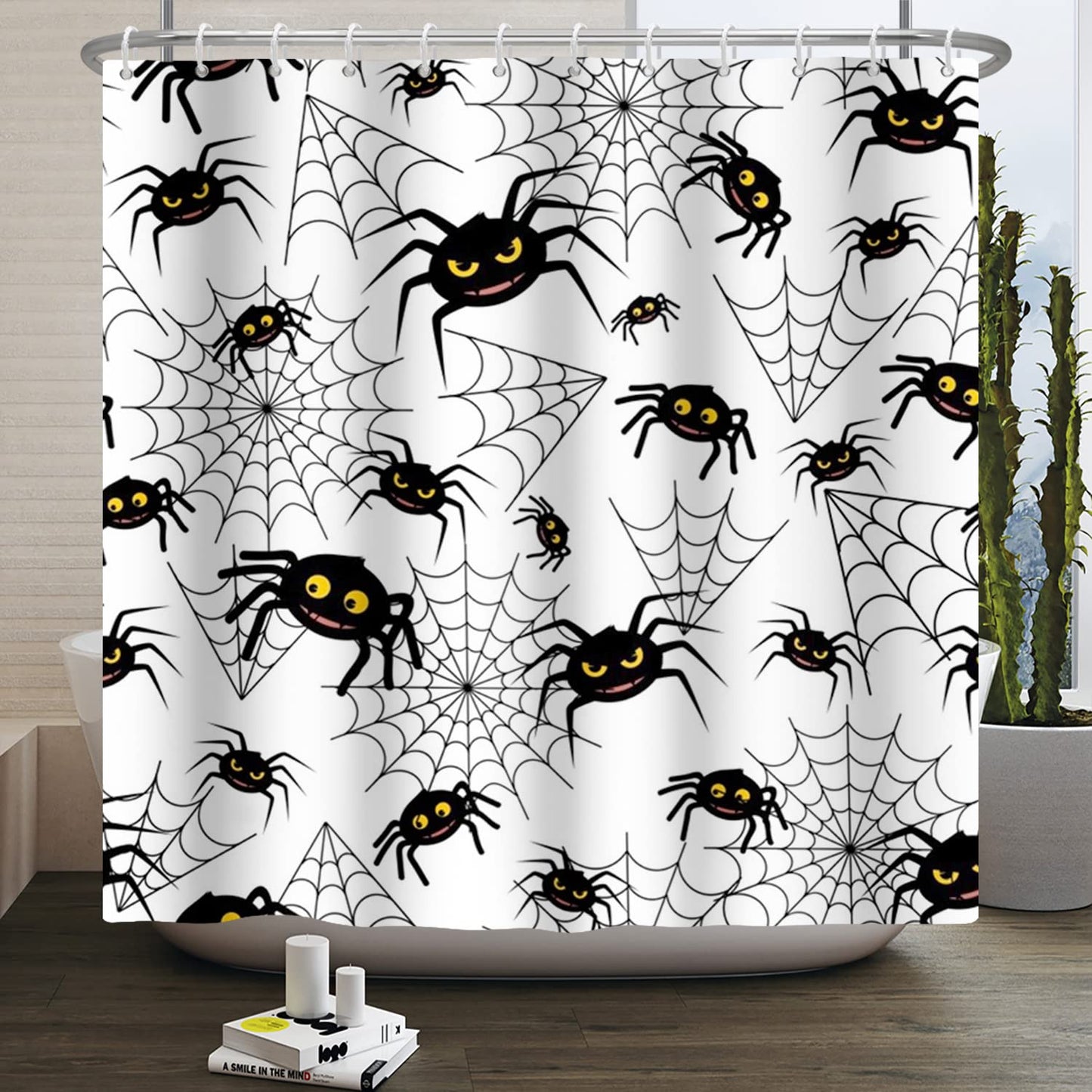 LFEEY Funny Halloween Shower Curtain Kids, Black White Creepy Spider Web Shower Curtain 72X72 Inches Halloween Bathroom Decor Waterproof Polyester Fabric with Hooks