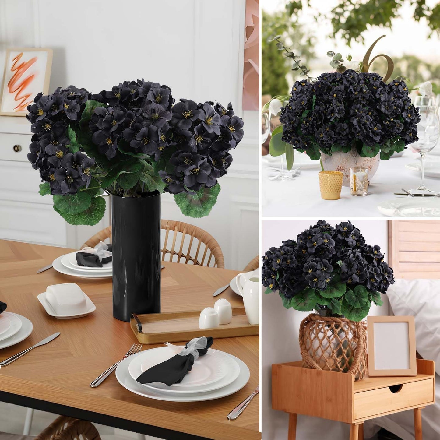 Hananona 6 Bundles Artificial Geranium Flowers for Outdoors Black Silk Geranium Flowers Outdoor UV Resistant Plants Faux Black Flower for Home Kitchen Halloween Table Centerpieces Decor (6, Black)