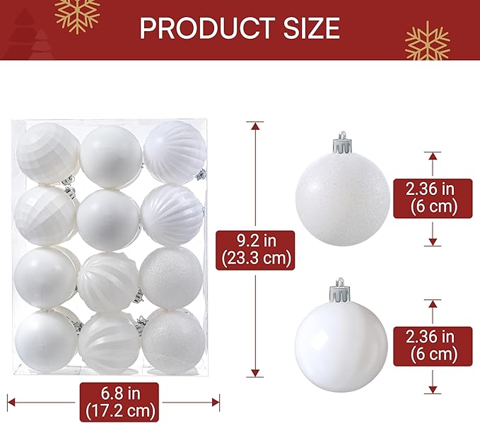 JOIEDOMI 24 Pcs White Christmas Balls Ornaments Set, 2.36" Christmas Tree Ornaments Shatterproof, Xmas Balls Hanging Decorations for Tree Wreath Garland Holiday Wedding Indoor Party Decor