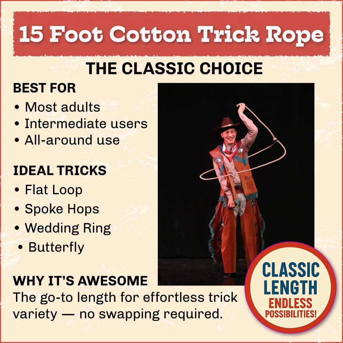 Western Stage Props - Cotton Trick Rope Lasso |Cowboy and Cowgirl | Beginner or Advanced Lariat Looper for Kids and Adults, 15 Foot | Made in USA