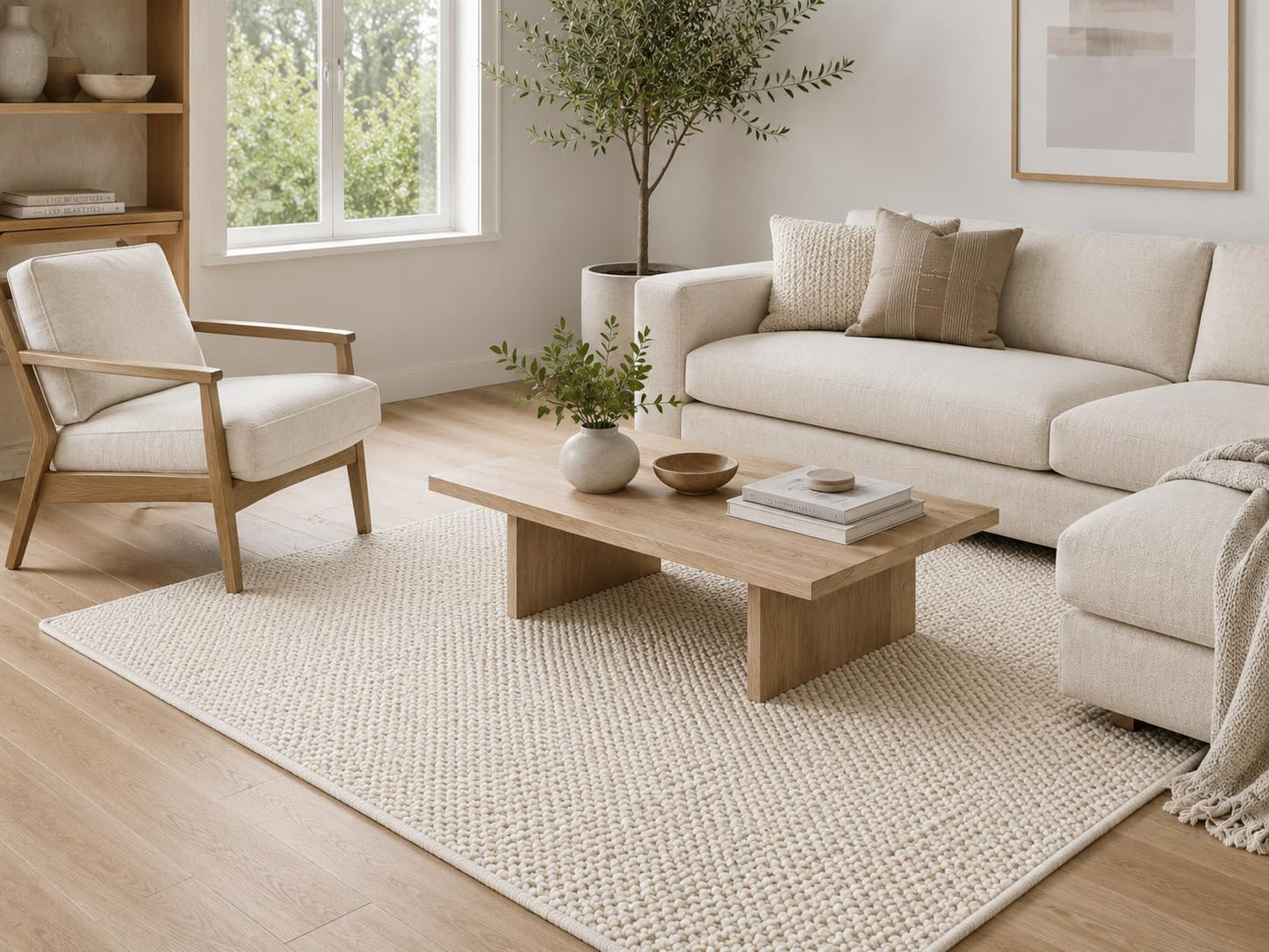The Knitted Co. Wool Area Rug - Handmade Natural Wool Carpet Rug, Textured Design, Handwoven Ivory Rug - Suitable for Hallway, Bedroom, Dining Room (Ivory- 4'x6')