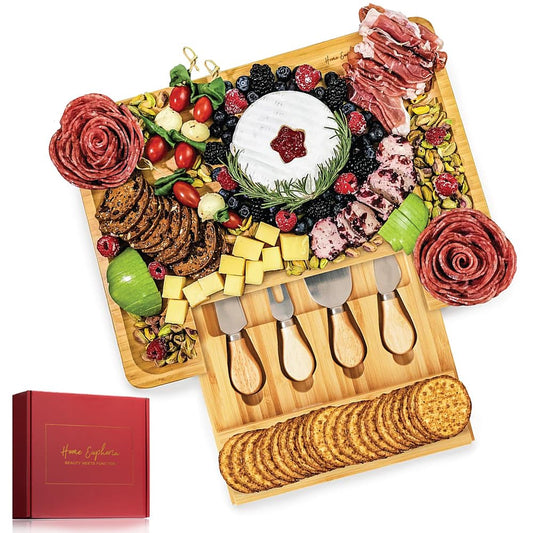 Bamboo Cheese Board and Knife Set - Beautiful Charcuterie Board for Wine, Cheese, and Gifts