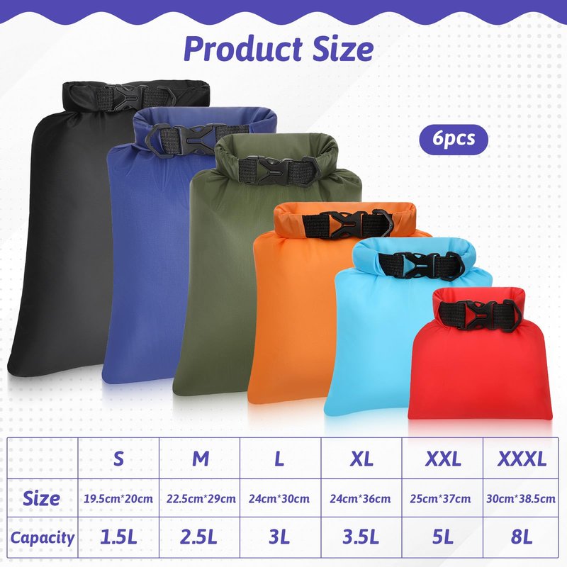 Zyghjort 6 Pack Waterproof Dry Bag Outdoor Small Dry Bags Lightweight Stuff Sack Water Proof Bags for Travel, Kayaking, Backpacking, Boating, Hiking, Camping