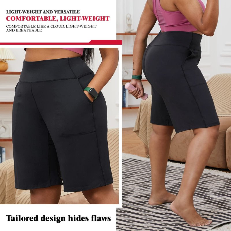 YOHOYOHA Plus Size Women's Bermuda Yoga Shorts - Workout Running Athletic Bike Gym Shorts Long High Waist XL