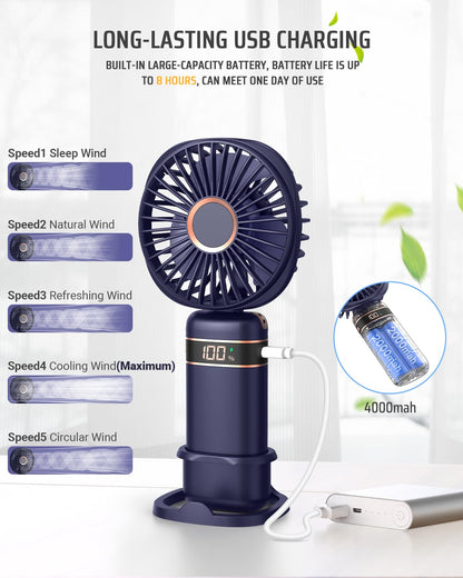 FAPPEN Mini Handheld Fan, Portable USB Hand Held Fan, Rechargeable 5 Speeds Folding Hand Fans with Base and Lanyard for Home Office Bedroom Outdoor Travel(Deep Blue)