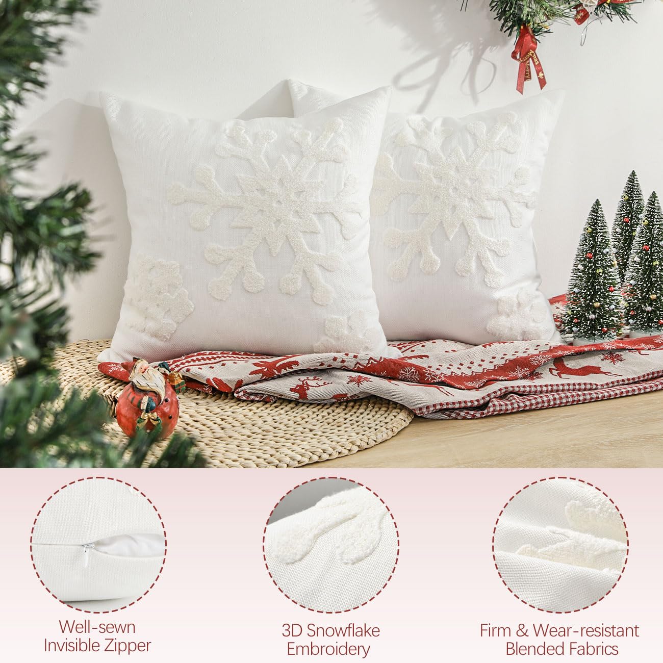Lewondr Christmas Throw Pillow Cover, 2 Pack Snowflake Embroidery Decorative Throw Pillow Case Linen Sofa Cushion Cover for Party Thanksgiving Day Xmas Decor 18"x18"(45x45cm) - White