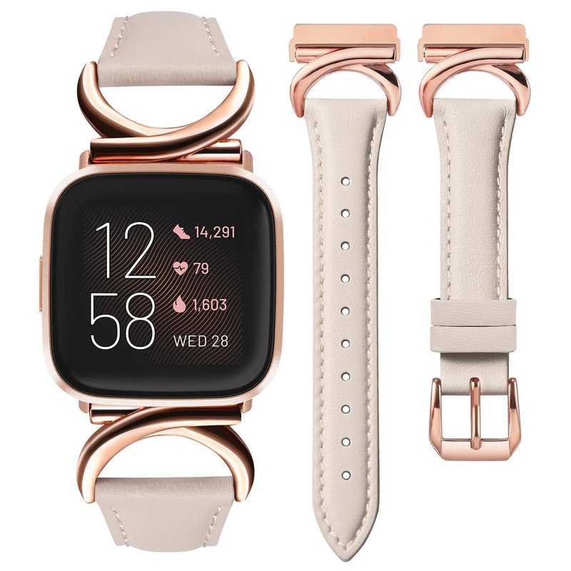 Minyee Leather Band Compatible with Fitbit Versa 2/Fitbit Versa/Versa Lite Bands Women, Slim Thin Dressy Designer Premium Leather Strap with C-Shape Metal Buckle for Versa 2 Watch, Starlight/Rose Gold