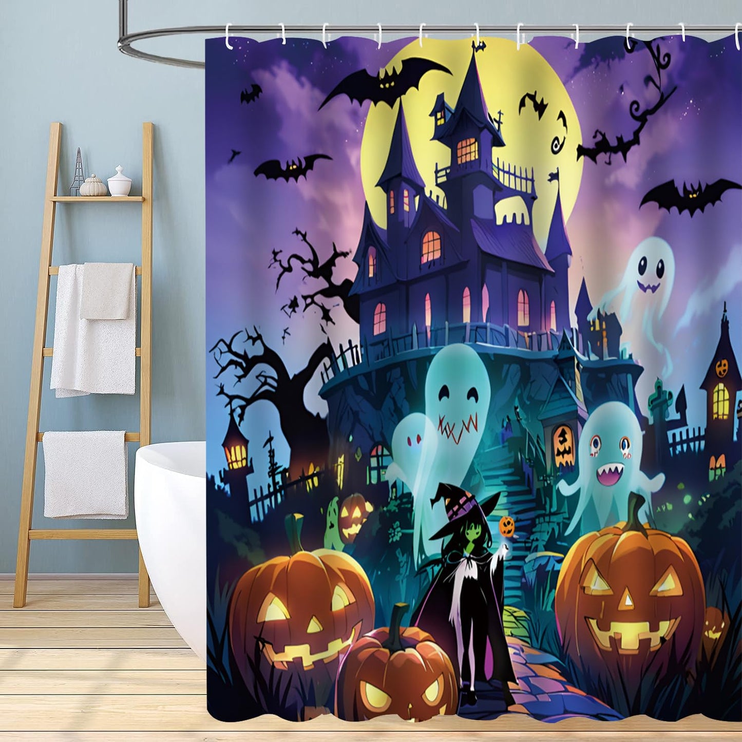Atwqevon Halloween Shower Curtain, Scary Shower Curtain Set, Spooky Castle Decor, Horror Haunted House Bathroom Home Indoor Decorations, Waterproof Bathroom Curtain with Hooks 72"X72"