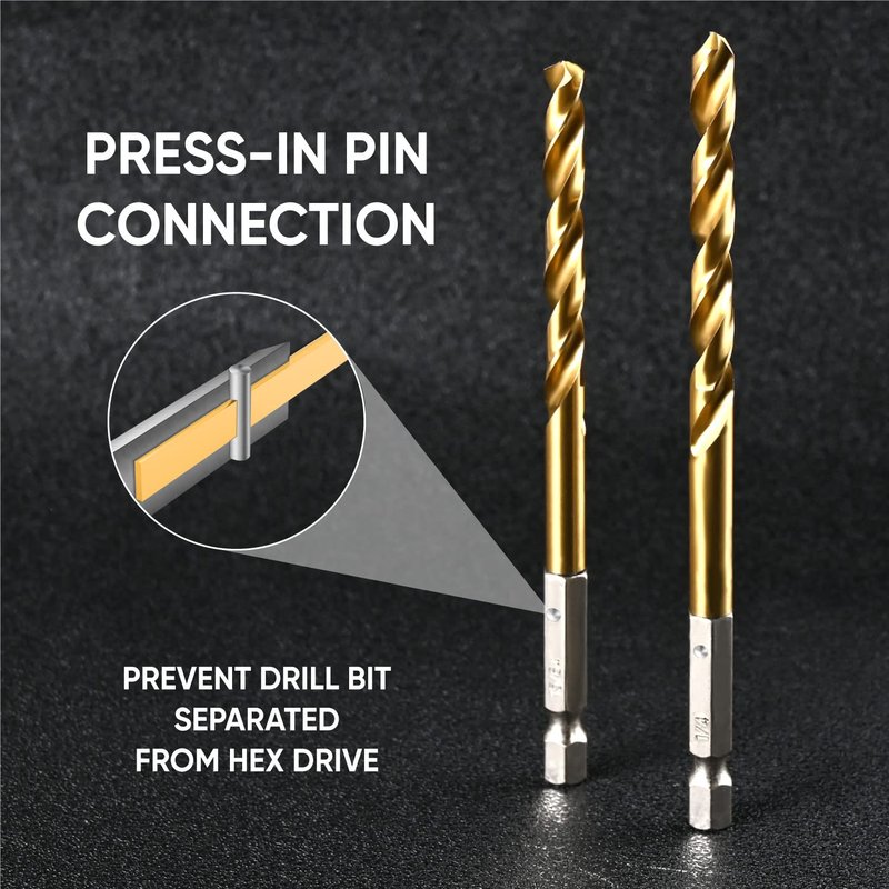 amoolo Hex Shank Drill Bit Set (13Pcs Set+3 Pcs Free), Premium 4341 HSS Titanium Impact Hex Drill Bits for Wood, Steel, Metal, Plastic, Quick Change Design (1/16 -1/4 )