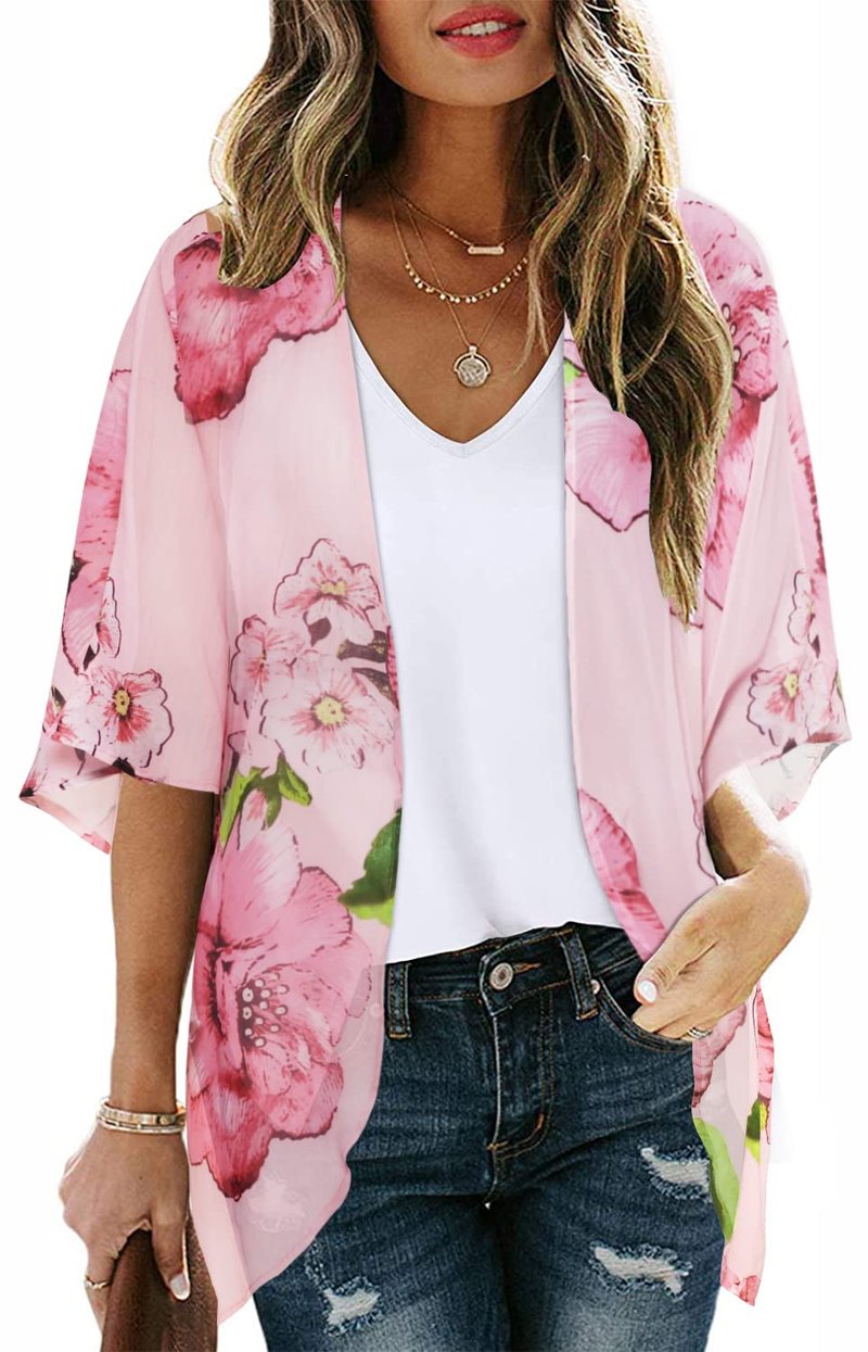 Women Summer Kimono Cardigan Sheer Beach Cover ups Chiffon Loose Casual Open Front Swimwear Shirts (Rose Pink,2XL)