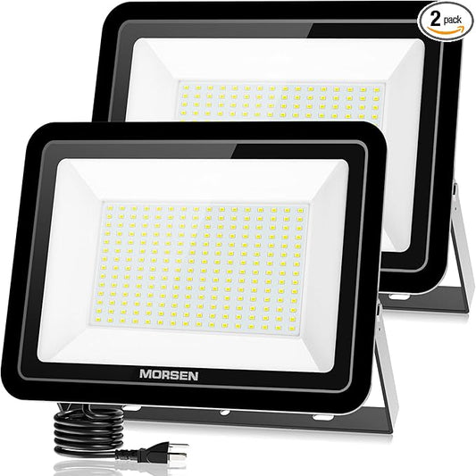 MORSEN 300W Flood Light Outdoor Plug in - 30000LM 5000K LED Flood Light, IP66 Waterproof, UL Listed Daylight Security Lights for Garden, Yard, Garage, Stadium, 2 Pack