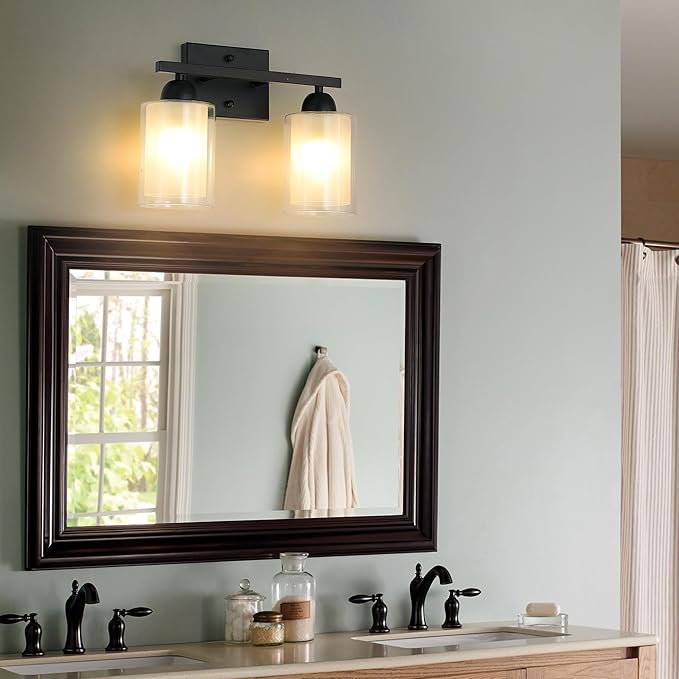 Matte Black Bathroom Vanity Light Over Mirror, 2 Light Bathroom Light Fixtures with Milk Glass and Clear Glass Shades, Modern Vanity Lighting Wall Mount