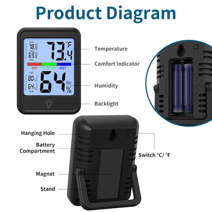 Digital Thermometer Hygrometer, Indoor Wall Thermometer, Indoor Humidity Temperature Monitor with Max&Min Records Backlit for 10S for Greenhouse, Home and Office Measuring Devices