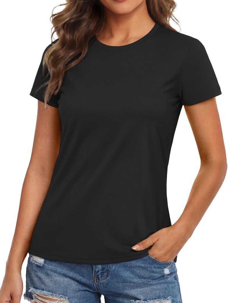 MAGCOMSEN Workout Tops for Women Quick Dry Sun Protection Short Sleeve Rash Guard Athletic Shirts for Women Black Tops, M