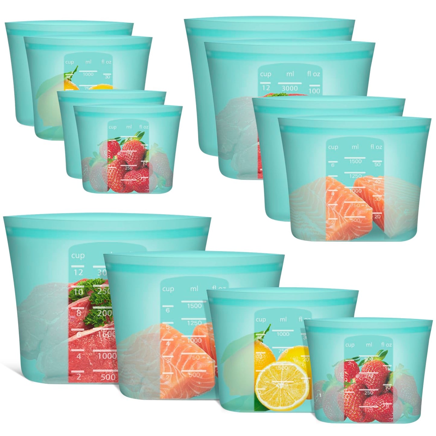 Reusable Food Bags, 12 Pack 100% Silicone Food Storage Bags Stand Up Zip Lock Container, Freezer Microwave Oven Dishwasher Safe, 4 Medium 4 Small 4 Extra Small, Aqua