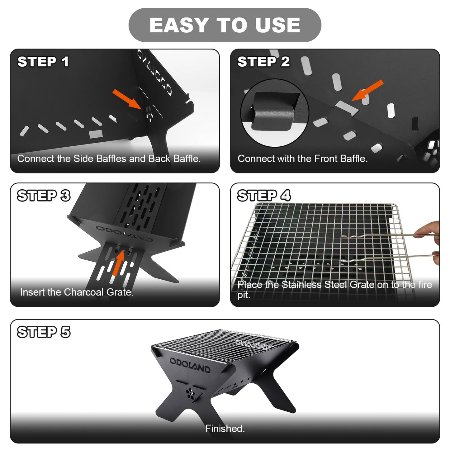 Odoland Camping Fire Pit, Portable Fire Pit for Camping, 2 in 1 Wood Burning Fire pit Grill with Detachable Cooking Grate for Outdoor BBQ, with Carry Bag