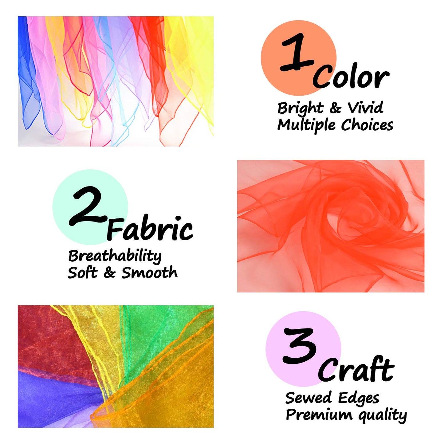 Novelty Place 12 Pcs Dance and Juggling Scarves - Silk Square Scarf with Hemmed Edges - Easy Clean Ideal Performance Props Accessories - 6 Colors(24" x 24")