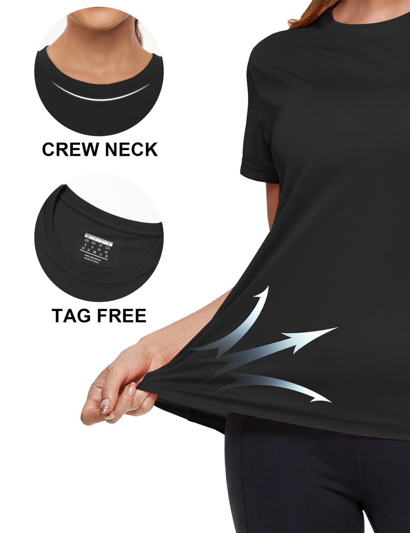 MAGCOMSEN Workout Tops for Women Quick Dry Sun Protection Short Sleeve Rash Guard Athletic Shirts for Women Black Tops, M