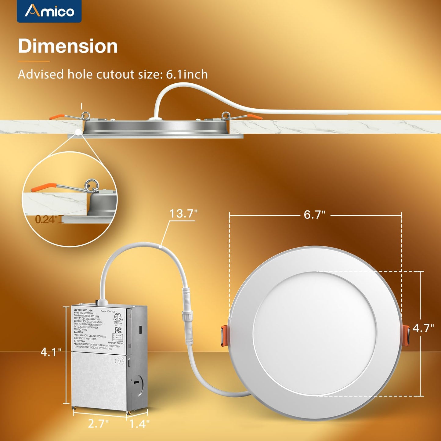Amico 24 Pack 6 Inch 5CCT LED Recessed Ceiling Light with Night Light, 2700K/3000K/3500K/4000K/5000K Selectable Ultra-Thin Recessed Lighting, 12W=110W, 1100LM, Dimmable Canless Wafer Downlight ETL&FCC