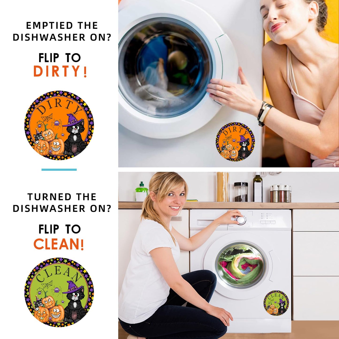 Dishwasher Magnet,Clean Dirty Sign Indicator- Double Sided Magnet with Magnetic Plate, Kitchen Dish Washer Refrigerator Reversible Indicator Haloween Cat