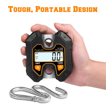 Fuzion Mini Crane Scale - Hanging Scale 440lb/200kg/1960N, Deer Scale with Large LCD Display, Hold & Tare Functions for Hunting, Farms, Fishing, No Setup Required