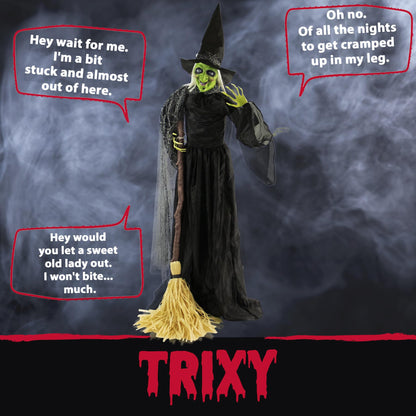 Haunted Hill Farm 71-in. Witch with Broomstick Animatronic, Indoor/Outdoor Halloween Decor, Poseable & Talking Animated Halloween Prop, Battery Operated