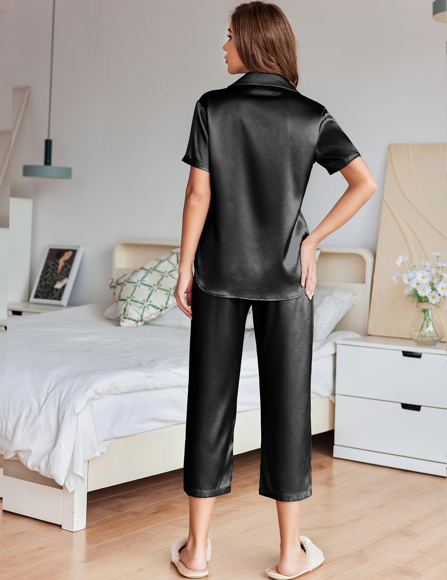 Ekouaer Womens Satin Pajamas Silk Capri Pjs 2 Piece Lounge Sets Short Sleeve Button Down Sleepwear Black Small