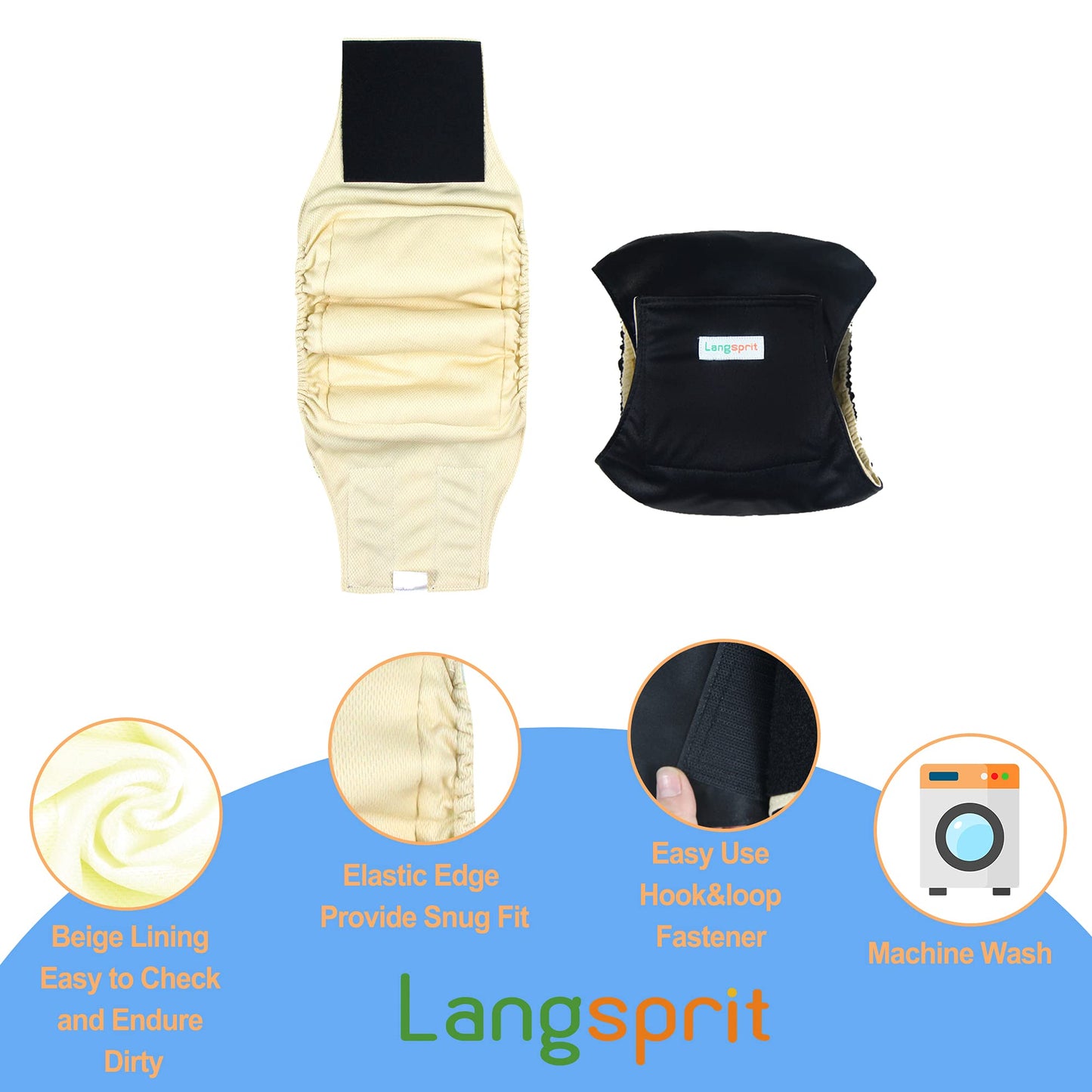 Langsprit Belly Bands for Dogs (Pack of 3) - Absorbing Dog Wraps Washable Reusable Male Dog Diapers (Black, Small)