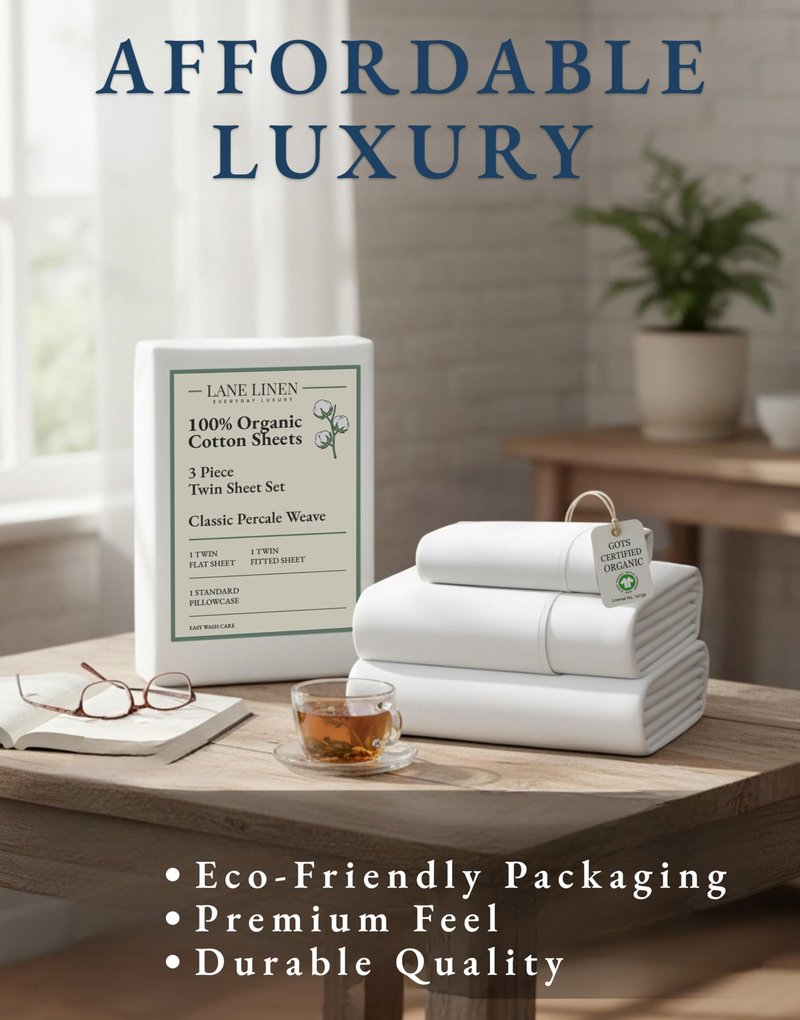 LANE LINEN 100% Organic Cotton Twin Sheets Set, 3Pc Twin Bed Sheets, Soft & Comfy Breathable Cotton Percale Sheets for Twin Size Bed, Dorm Room Essentials Low Pill Fade Resistant White Sheets