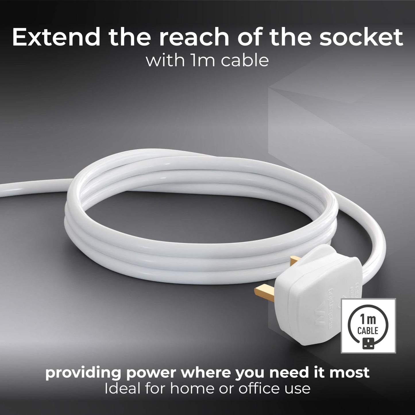 Masterplug Four Socket Extension Lead, Unswitched, 1 Metre Cable, 4-Way Plug Extension Cable, Power Strip, Basic Power, White, 13A, 4G, 1m, BFG110N