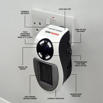 STAYWARM 500w Plugin Local (2m2) Power Heater / 2 Fan Speeds / 15 - 30C Temperature Control / 1-12 Hour Timer / Auto Shut Off - F2210WH