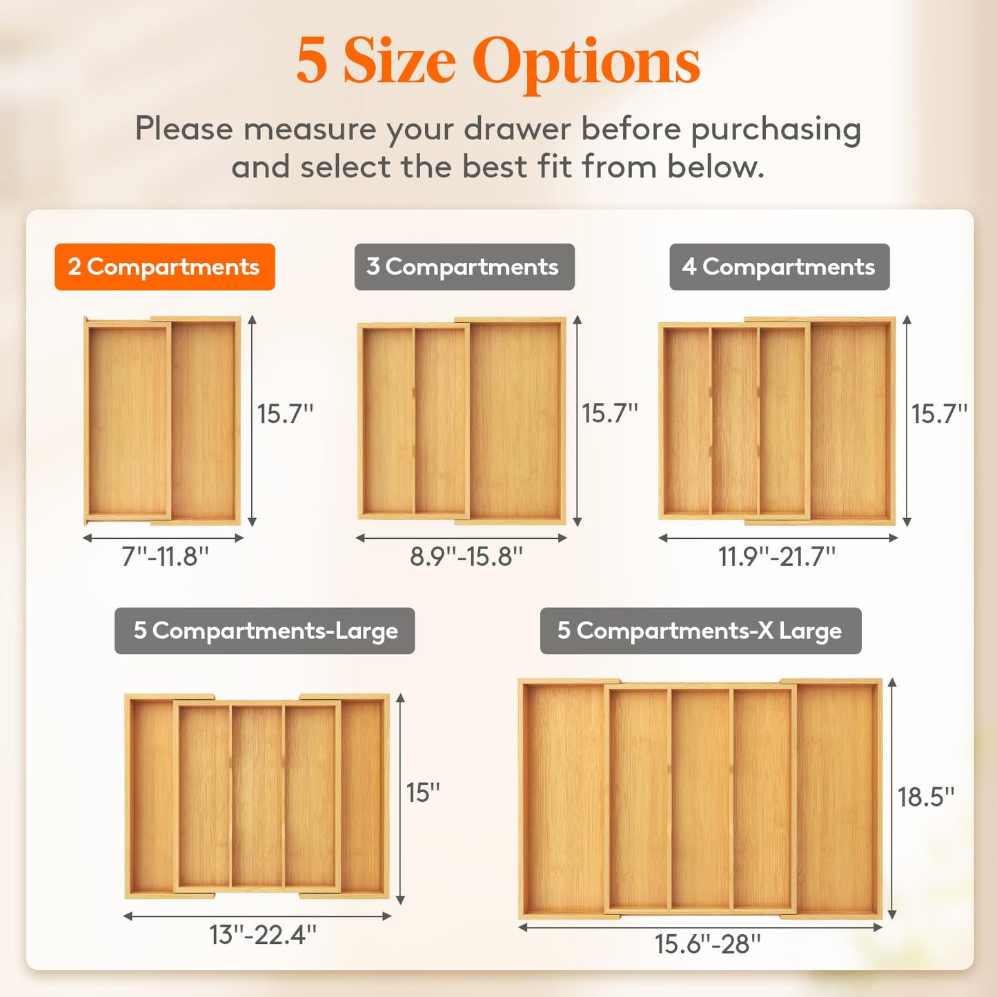 Lifewit Utensil Organizer for Kitchen Drawer, Expandable 13 to 22.4 Inches Wide, Adjustable Cooking Silverware Tray, Bamboo Cutlery Flatware Holder, Spatula Tools and Gadgets Storage Divider, Natural