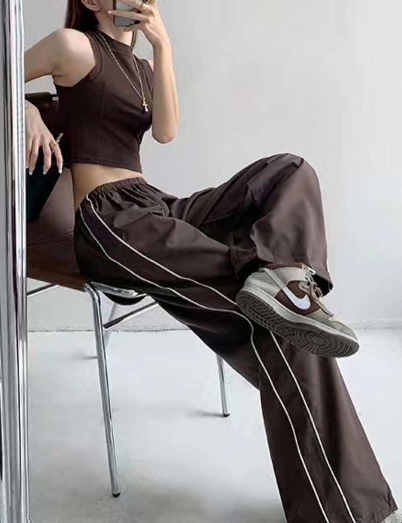 Shebote Womens Parachute Pants Wide Leg Baggy Y2K Elastic Waist Jogger Sweatpants Track Pants Streetwear(0046-Coffee-M)